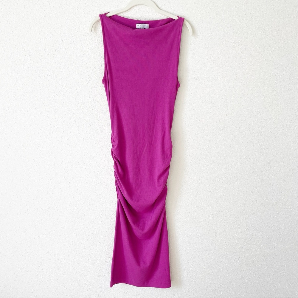 Michael Stars Charlotte Midi Dress Pink Size Medium Ruched Slit Ribbed Colorful